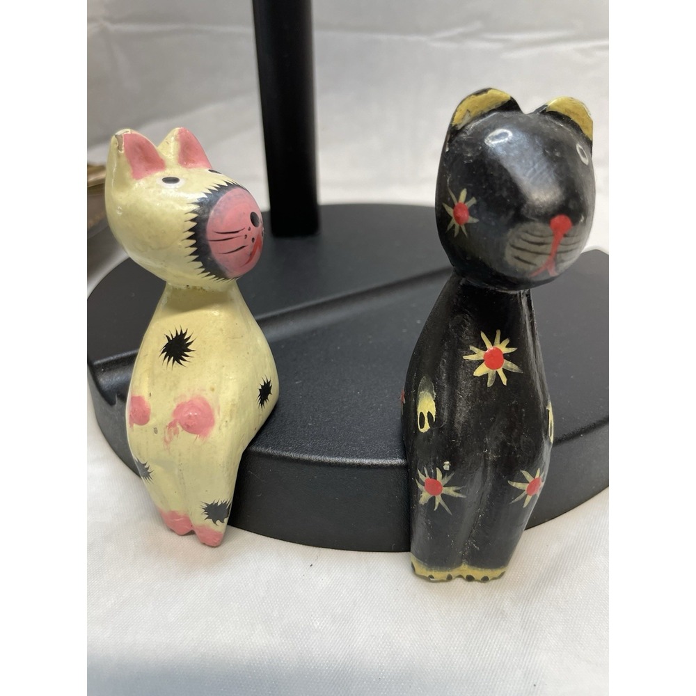 2 Vintage Wooden Shelf Sitting Cat Figurines Handmade Hand Painted Folk Art